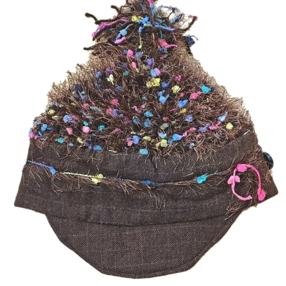 Sue Gallion Y2k Fairy Artsy Boho Brown Frilly Rainbow Confetti Beanie Hat Cap